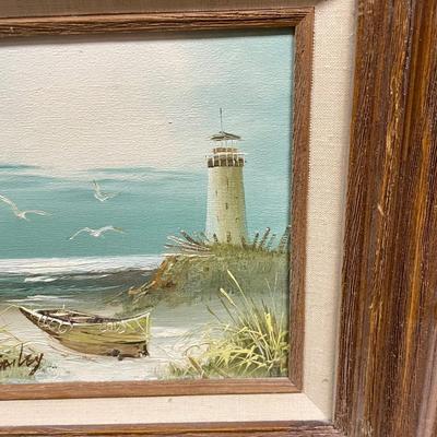 Shoreline with Lighthouse Oil on Canvas Painting H. Gailey