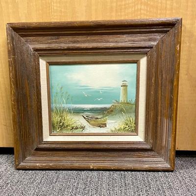 Shoreline with Lighthouse Oil on Canvas Painting H. Gailey