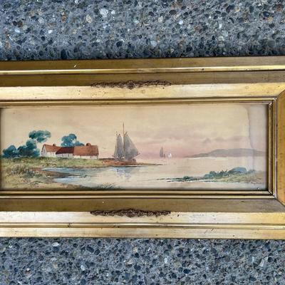 Antique Original Watercolor Bayside Painting