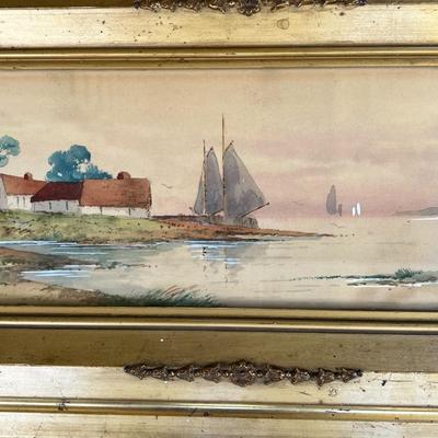 Antique Original Watercolor Bayside Painting
