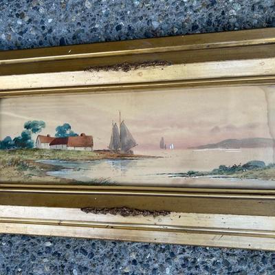 Antique Original Watercolor Bayside Painting
