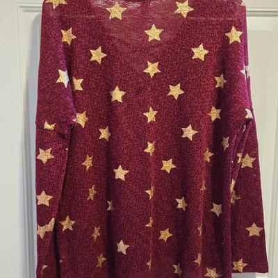 Red Lightweight Sweater with Gold Stars Top