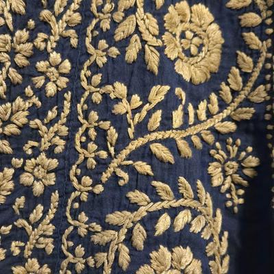 Lightweight Tan Embroidered Navy Top