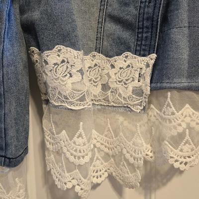 Denim Jacket with Lace & Pearl Trim