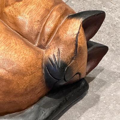Lifesize Solid Oak Sleeping Cat Figurine