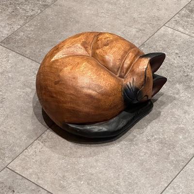 Lifesize Solid Oak Sleeping Cat Figurine