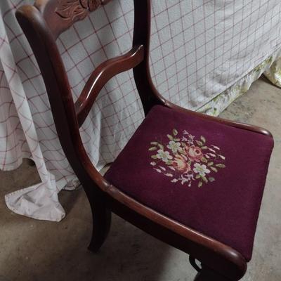 Vintage Wood Frame Chair with Needlework Seat