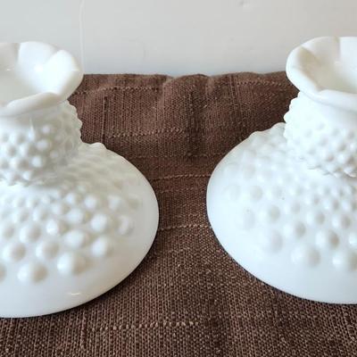 Lot #36 Pair of Vintage White Milk Glass Hobnail Candle Sticks