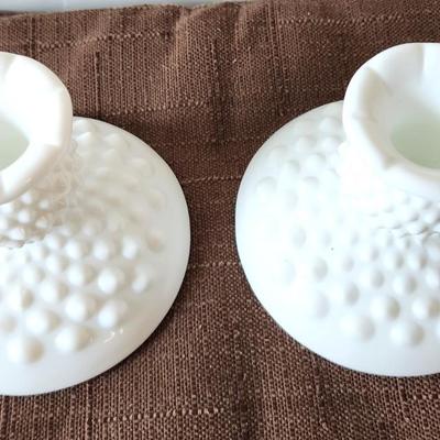 Lot #36 Pair of Vintage White Milk Glass Hobnail Candle Sticks