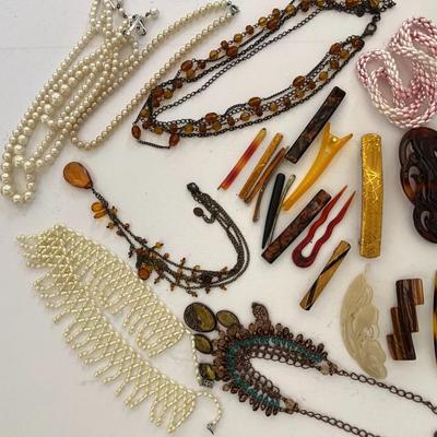 Vintage Bakelite, Pearls, Beaded Barrettes and Necklaces