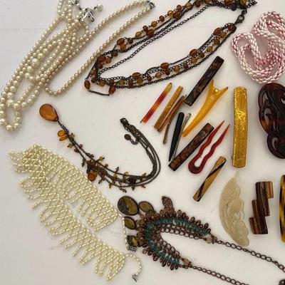 Vintage Bakelite, Pearls, Beaded Barrettes and Necklaces