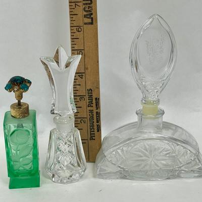 3 Vintage Glass Perfume Bottles - 2 clear glass, 1 green glass