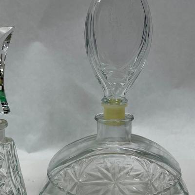 3 Vintage Glass Perfume Bottles - 2 clear glass, 1 green glass