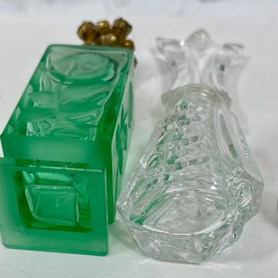 3 Vintage Glass Perfume Bottles - 2 clear glass, 1 green glass