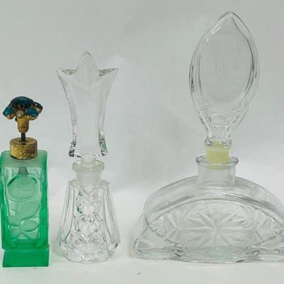 3 Vintage Glass Perfume Bottles - 2 clear glass, 1 green glass