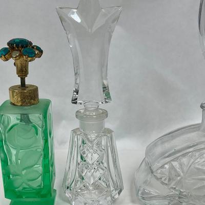 3 Vintage Glass Perfume Bottles - 2 clear glass, 1 green glass