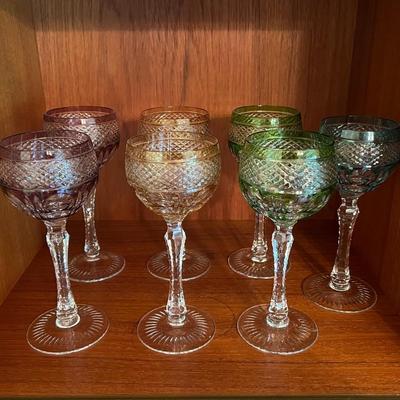 1950s Beyer Bleikristall Lead Crystal Hand Cut to Clear Hock Wine Glasses- Set of 7