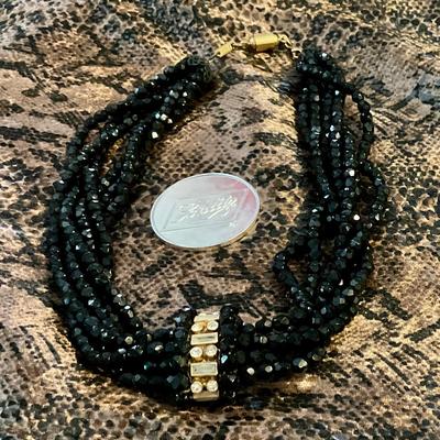 Black choker necklace black jet crystal beads gold and crystal center