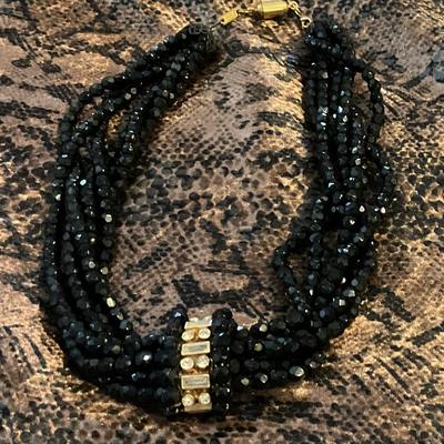 Black choker necklace black jet crystal beads gold and crystal center