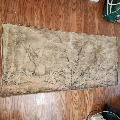 Vintage Tapestry Picnic Swinging Dogs Children Dancing 28x60