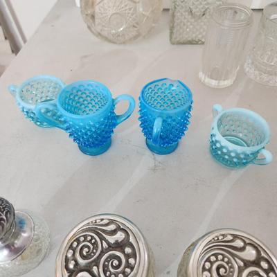 Large Box lot of Vintage Glass Cut Crystal Blue Hobnail and more