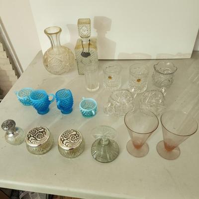 Large Box lot of Vintage Glass Cut Crystal Blue Hobnail and more