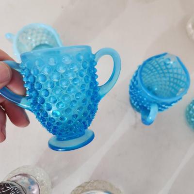 Large Box lot of Vintage Glass Cut Crystal Blue Hobnail and more