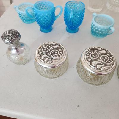 Large Box lot of Vintage Glass Cut Crystal Blue Hobnail and more