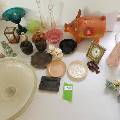 Mixed Collectable Lot Lamp Shade Piggy Bank Clock Glassware Las Vegas Fairies