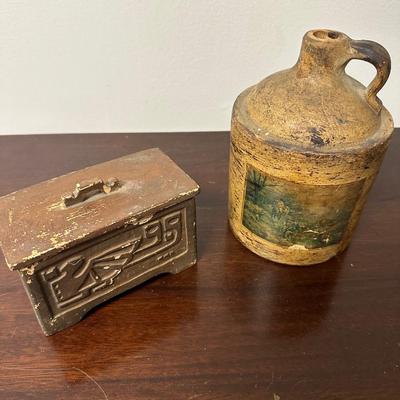POTTERY JUG & LIDDED BOX