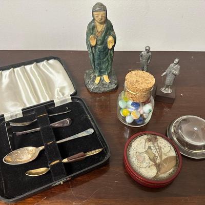 CHINESE POTTERY MALE FIGURE, MARBLES, TRAMP ART & MORE!