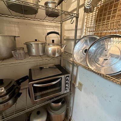 METAL SHELF WITH MISC POTS