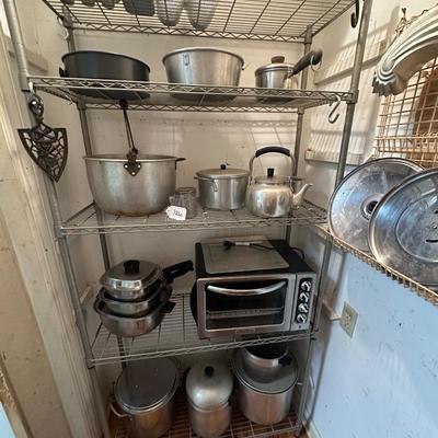 METAL SHELF WITH MISC POTS