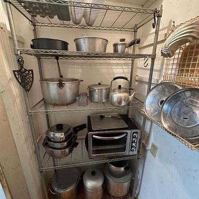 METAL SHELF WITH MISC POTS