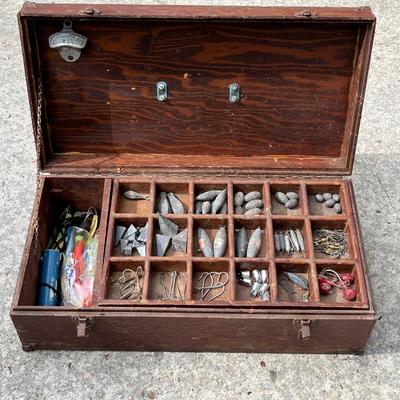 Great Grandaw's Wood Fishing Tackle Box & Tackle ~ Possibly Great Great!