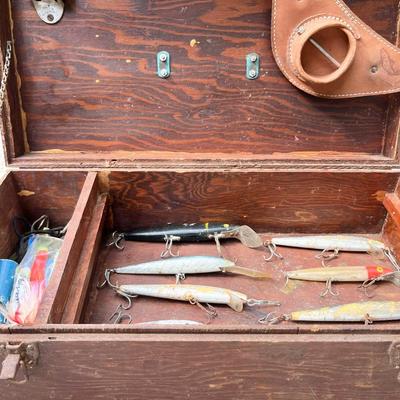 Great Grandaw's Wood Fishing Tackle Box & Tackle ~ Possibly Great Great!