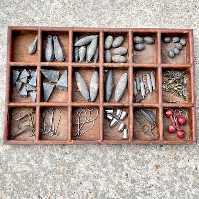 Great Grandaw's Wood Fishing Tackle Box & Tackle ~ Possibly Great Great!
