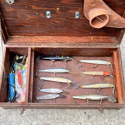 Great Grandaw's Wood Fishing Tackle Box & Tackle ~ Possibly Great Great!