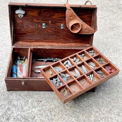 Great Grandaw's Wood Fishing Tackle Box & Tackle ~ Possibly Great Great!
