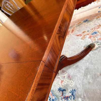 Mahogany Inlaid Crotched Mahogany Table ~ 10 Chairs & 4 Leaves ~ *Please Read Full Details
