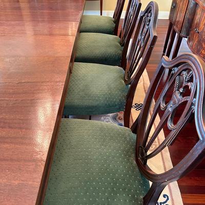 Mahogany Inlaid Crotched Mahogany Table ~ 10 Chairs & 4 Leaves ~ *Please Read Full Details