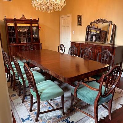 Mahogany Inlaid Crotched Mahogany Table ~ 10 Chairs & 4 Leaves ~ *Please Read Full Details