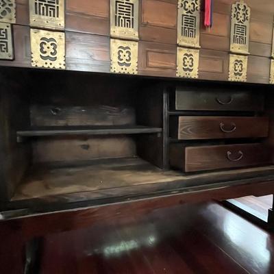 Vtg. Oriental Solid Wood Chest/Desk /Secretary With Brass Accents ~ Heavy ~ Excellent