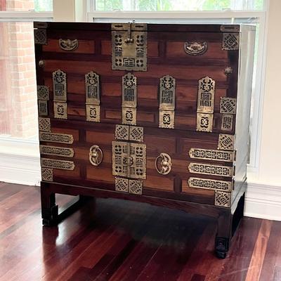 Vtg. Oriental Solid Wood Chest/Desk /Secretary With Brass Accents ~ Heavy ~ Excellent