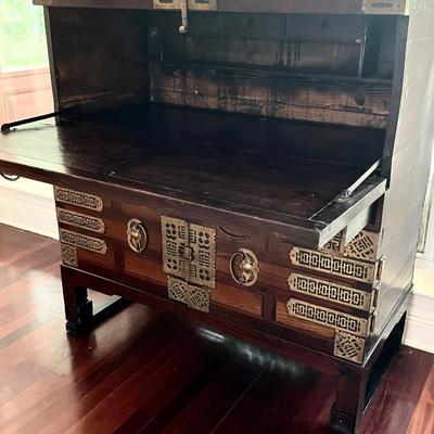 Vtg. Oriental Solid Wood Chest/Desk /Secretary With Brass Accents ~ Heavy ~ Excellent