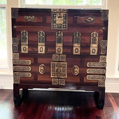 Vtg. Oriental Solid Wood Chest/Desk /Secretary With Brass Accents ~ Heavy ~ Excellent