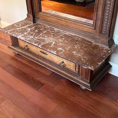 1897 ~ Inlaid Oak Pier Mirror With Marble Top Base ~ Germany