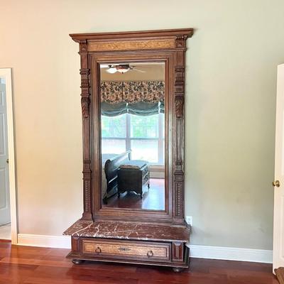 1897 ~ Inlaid Oak Pier Mirror With Marble Top Base ~ Germany