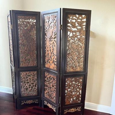 Bird Themed Carved Wood Four (4) Panel Decorative Screen