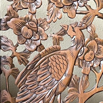 Bird Themed Carved Wood Four (4) Panel Decorative Screen